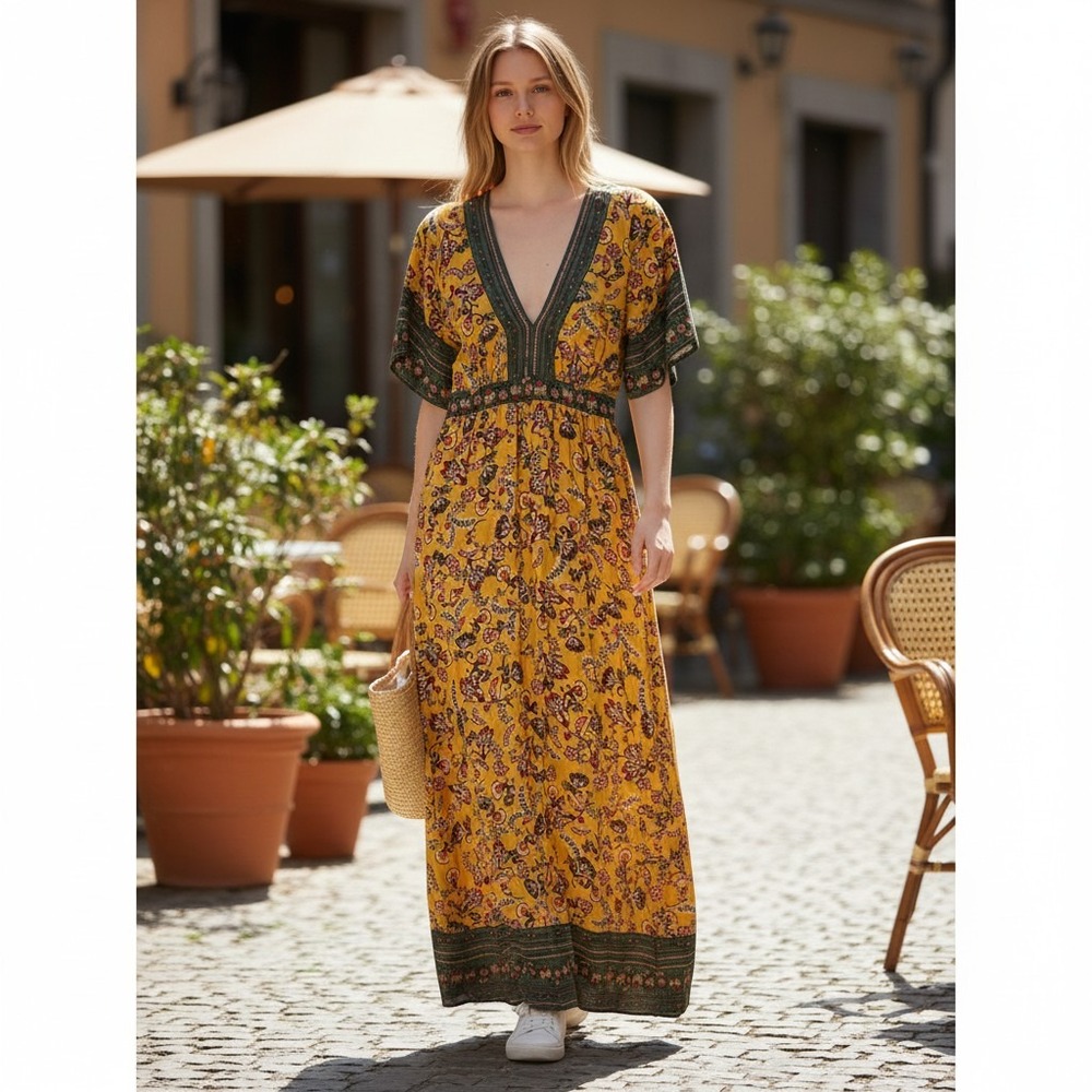 Urban Romantics Mustard Yellow Floral Paisley V-Neck Boho Maxi Dress‎ Small